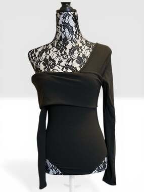 Lulus Just Wait Black Ribbed Asymmetrical Off-the-Shoulder Bodysuit M